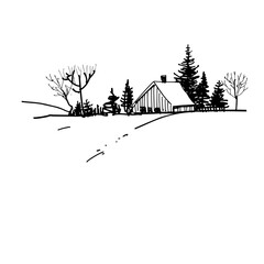 Winter rural landscape. A hand-drawn graphic sketch. Vector illustration