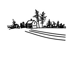 Winter rural landscape. A hand-drawn graphic sketch. Vector illustration