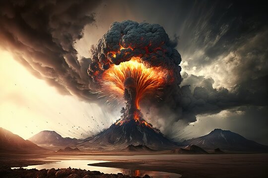 Night landscape with volcano and burning lava. Volcano eruption, fantasy landscape. 3D illustration. - Generative AI