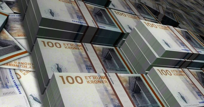 Danish Krone 100 DKK banknote pack pile loop. Flying over money stack Denmark note. 3D Abstract concept of business, economy, finance, crisis and banking.