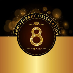 8th Anniversary Celebration. logo design with golden numbers and text for birthday celebration event, invitation, wedding, greeting card, banner, poster, flyer, brochure. Logo Vector Template