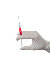 A hand in medical glove releases air from a syringe....