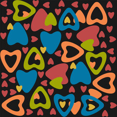 Romantic funky pattern with rainbow coloured hearts on black background