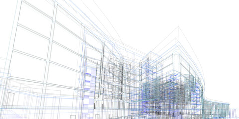 Abstract 3D building wireframe structure. Architecture background. - obrazy, fototapety, plakaty