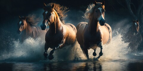 Herd of horses galloping across the river. Running through the water - Frontal View - generative AI