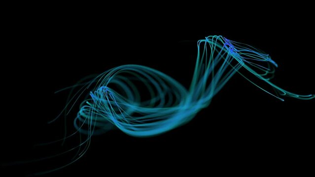 Bright Blue neon glowing fast moving streams of light, along a trajectory. Fast energy flying wave line with flash lights. Animation magic swirl trace path on black background.