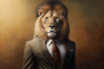Portrait of a Lion dressed in a formal business suit, generative ai	
