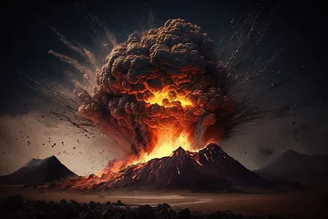 Fotobehang Night landscape with volcano and burning lava. Volcano eruption, fantasy landscape. 3D illustration. - Generative AI © losmostachos