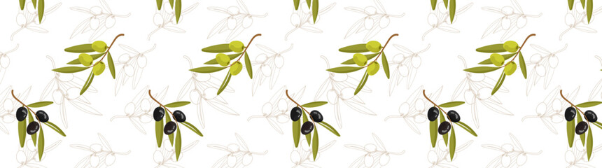 Fototapeta na wymiar Seamless pattern with olive tree branches. Vector set of olive oil labels. Olive tree, branches and drop. Black olives. Green olives. 