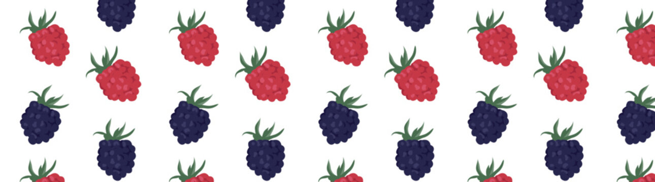 
Seamless pattern with blackberry and raspberry berries on a white background. Brigt juicy Berris vector illustration