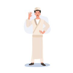 Male sushi chef saying Hi and introduce shop to customer.Flat vector illustration.