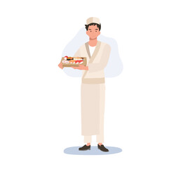 Male sushi chef holding a japanese wood plate of varieties of sushi .Flat vector illustration.