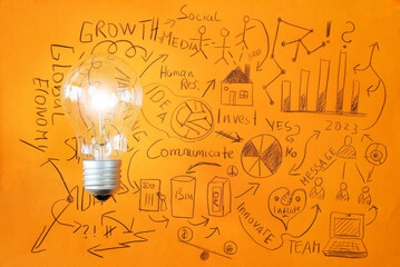 Ideas and innovation scribble for business growth, glowing light bulb and handwritten business plan, fictional, generic artwork, 