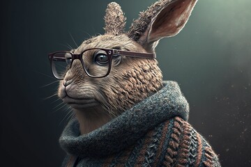 Obraz premium Portrait of a rabbit dressed in a sweater, jacket and eyeglasses, generative ai