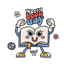 90s retro cartoon book chatacter funny big eyes and greeting text Worls book day. Isolated elemens for card or sticker design. Vintage contour flat vector illustration. International literacy day.