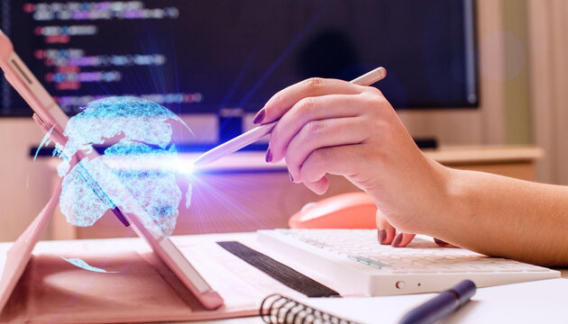 Woman programmer write down code
