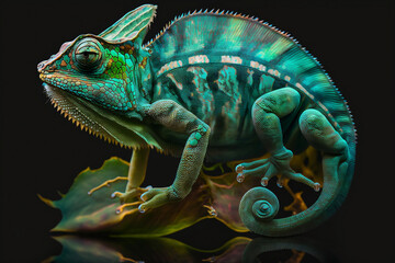 Fototapeta premium Colorful chameleon in full body view with dark background. Generative AI