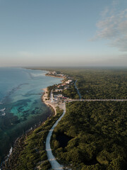 Aerial view of white sand beach in Mahahual, Mexico