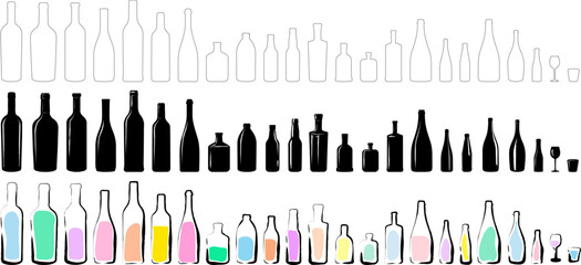 Set of 75 Bottles and Glasses in 3 Rows | Abstract illustration of bottles, glasses, flask, flasks in glossy black with highlights in silhouettes, white shapes and as colored modern vector art.