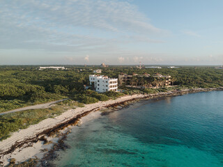 Aerial view of white sand beach in Mahahual, Mexico