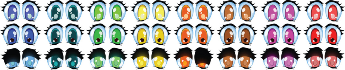 Set of 24 Cartoon Japanese Anime Style Eyes | 8 Colors: blue turquoise green yellow orange brown pink red. Eye is Clipped, easy Editable | Hand Drawn Vector Illustration Isolated on White Background
