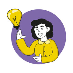 Woman with light bulb. Creative idea, creativity, find solution, thinking, philosophy, innovation, puzzle, education, knowledge. Vector illustration in yellow and purple colors on white background