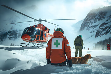 Emergency rescuers with red cross with bloodhounds arrived by helicopter at the site of an avalanche in the mountains to search for missing people under the snow. Generative AI technology. - obrazy, fototapety, plakaty