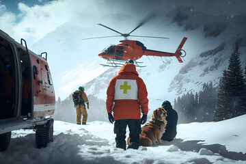 Emergency rescuers with red cross with bloodhounds arrived by helicopter at the site of an avalanche in the mountains to search for missing people under the snow. Generative AI technology. - obrazy, fototapety, plakaty