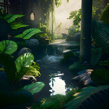  nature's sleepy beauty with this vibrant image of abodes nestled in lush, floral jungle creek.