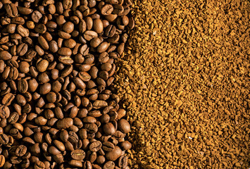 Natural ground coffee versus instant one in Yin Yang shaped plate, isolated on white natural versus instant coffee