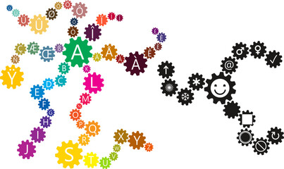 Colorful Alphabet and Black Special Character Symbols In Gear | Vector Graphics isolated on White Background