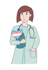 Woman doctor with transgender flag in a heart. Gender, sexual orientation, be yourself, love, LGBT community, LGBTQIA plus, equal rights, no discrimination. Vector illustration on white background