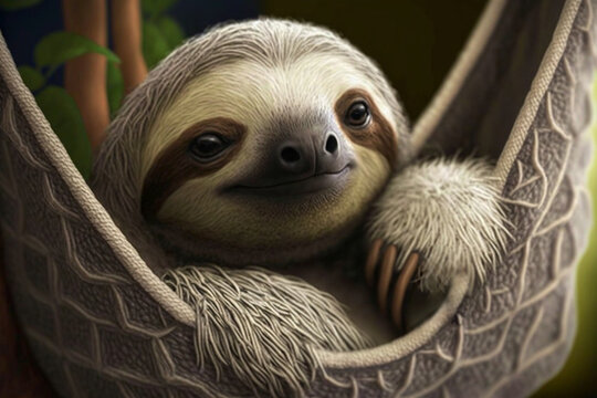 Tired sloth in a hammock funny cartoon cute