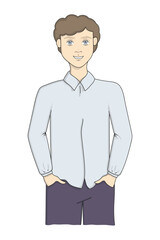 Boy in light blue shirt and dark jeans. Blonde hair, gray eyes, hands in pockets, people, society, community, man, kind smiling face. Vector illustration on white backround