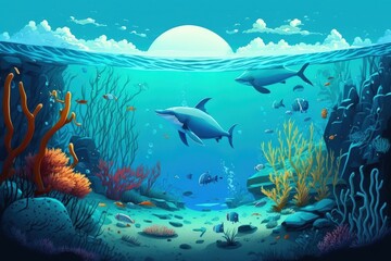 Naklejka na ściany i meble a calm sea surface, a clear sky, and the discovery of an underwater world. Generative AI