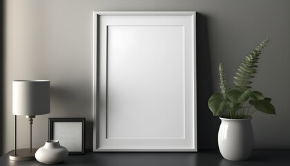 Scandinavian minimalisti room interior with mock up photo frame. White walls. Modern and floral concept. Generative AI