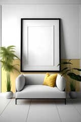 Scandinavian minimalistic room interior with mock up photo frame. White walls. Modern and floral concept. Generative AI