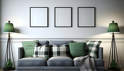 Living room interior with gray velvet sofa, green  pillows on white wall background. Three picture frames. Generative AI