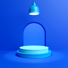 Scene with minimal podium for product presentation, with lights and blue background 3d render