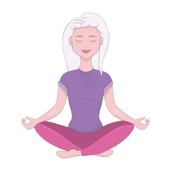 Woman sitting in lotus position. Closed eyes, purple shirt, pink leggings, white hair, yoga, fitness, pilates, meditation, mindfulness, breathing exercises, spiritual practices. Vector illustration