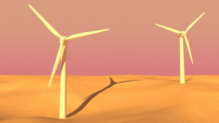 夕暮れの砂漠に立つ風力発電の3Dイラストレーション