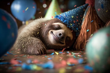 Exhausted tired sloth fell asleep at a party with party hat and confetti