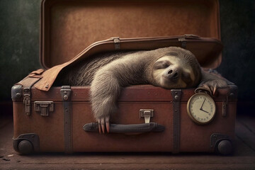 happy and tired sloth sleeps in a travel case leather suitcase and travels to a dream world