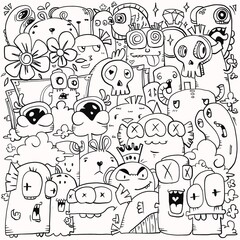 Hand-drawn illustrations, monsters doodle, Hand drawn cartoon monster illustration, Cartoon crowd doodle hand-drawn pattern, Doodle style.