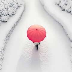 Flat lay winter concept, pink viva magenta umbrella that steps through thick white snow. Contrast. Cold winter day. Generative AI.