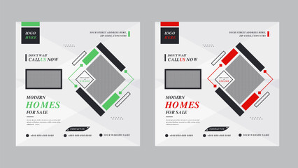 Home for sale real estate social media post design set with creative shapes