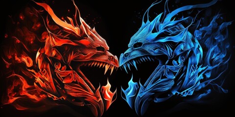 abstract fiery dragons in blue and red. black backdrop for the illustration. Generative AI