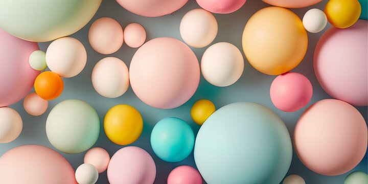 Creative fun concept of colorful helium balloons, balls surprise flying, party is in the air. Pastel candy balls background. Generative AI.