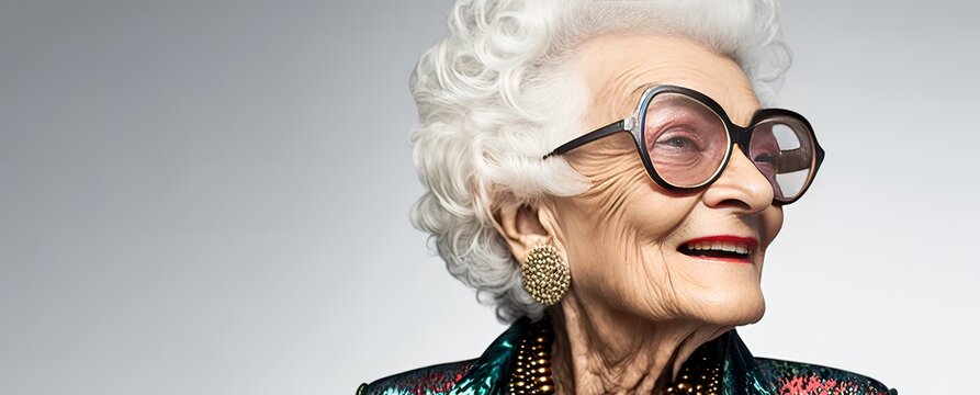 Portrait of an elderly elegant lady who is modern and beautiful, wrinkles on her face covered with make up and a smile. Grandma wearing sunglasses. Generative AI.