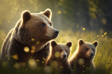Protective female brown bear, standing close to her two cubs. Generative AI